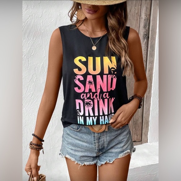 π Sun Sand and a Drink In My Hand Black Graphic Tank Top - Picture 4 of 5
